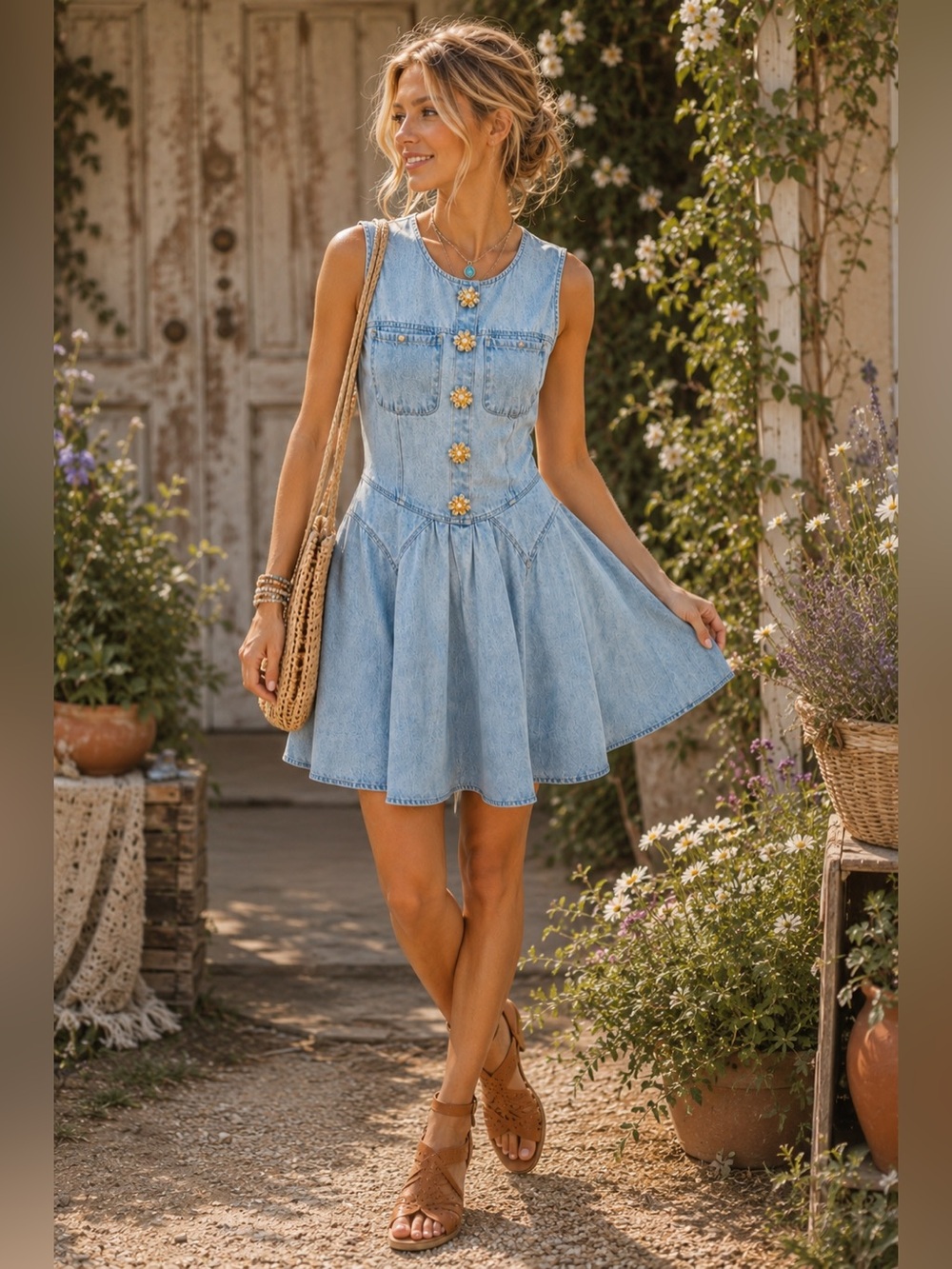 NWOT Blue B. Collection Denim Dress Floral Buttons Boho L
